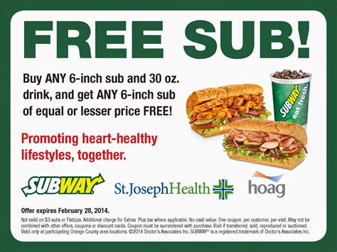 Subway coupons printable - 2. Image via Subway. Subway readies for the new year by once again welcoming back their fan-favorite BOGO free Footlong deal at participating locations across the country through January 23, 2024. As part of the offer, you can snag a free Footlong when you purchase any Footlong sub sandwich online or in the Subway app during the …